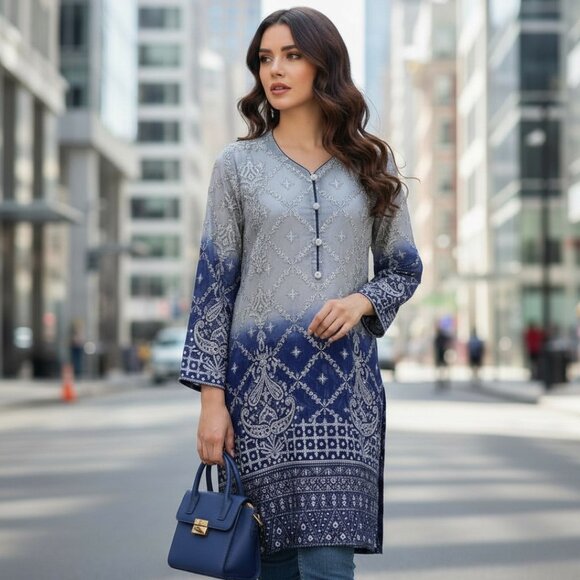 DUBAI CUSTOM Bollywood Kurti Shalwar Silk Dress Tunic Top L Embroidered Wedding - Picture 1 of 16